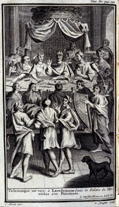 Telemach wird in Lakedaimon im Palast von Menelaos mit Pisistratos empfangen. Illustration für Buch IV der Odyssee von Homer, veröffentlicht in Amsterdam 1731, Mailand von Flemish School