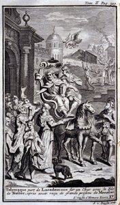 Telemach verlässt Lakedaimon auf einem Wagen mit Nestors Sohn nach Erhalt großer Geschenke von Menelaos. Illustration für Buch XV der Odyssee von Homer, veröffentlicht in Amsterdam 1731, Privatsammlung Mailand von Flemish School