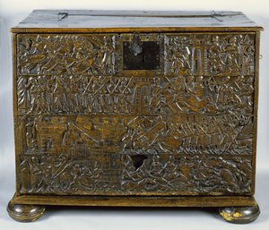 Die Courtrai-Truhe, die Szenen aus der Schlacht der Goldenen Sporen in Courtrai 1302 darstellt
