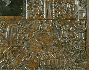 Die Courtrai-Truhe, die den Aufstand in Brügge am 18. Mai während der Schlacht der Goldenen Sporen in Courtrai 1302 darstellt (Detail)