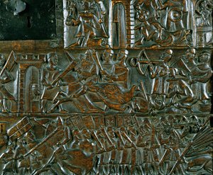 Die Courtrai-Truhe, die zwei Szenen aus der Schlacht der Goldenen Sporen in Courtrai 1302 darstellt (Detail)