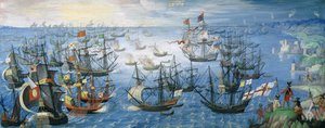 Das Auslaufen der englischen Brandschiffe auf die spanische Flotte vor Calais mit Königin Elizabeth I. (1533-1603) zu Pferd am Ufer, in der Nacht des 7. August 1588, ca. 1605