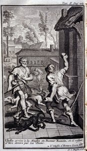 Odysseus kommt im Haus des Hirten Eumaios an oder wird möglicherweise von Hunden angegriffen. Illustration für Buch XIV der Odyssee von Homer, in der Odyssee, veröffentlicht in Amsterdam 1731, Privatsammlung Mailand.