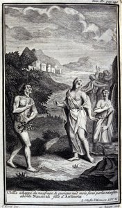 Odysseus entkommt dem Schiffbruch und nähert sich, obwohl nackt, aus Notwendigkeit Nausikaa, der Tochter von Antinoos. Illustration für Buch VI der Odyssee von Homer, in der Odyssee, veröffentlicht in Amsterdam 1731, Mailand.