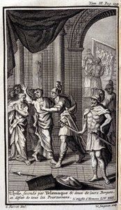 Odysseus, unterstützt von Telemachos und zwei ihrer Hirten, vertreibt alle Verfolger. Illustration für Buch XXII der Odyssee von Homer, in der Odyssee, veröffentlicht in Amsterdam 1731, Privatsammlung Mailand.