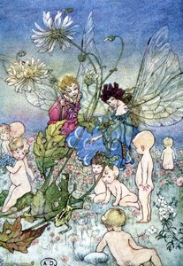Frau-Libelle (Fee) und Elf umgeben von Babys - in „My Fairyland“ von Fiona Malcom, ill. Florence Anderson