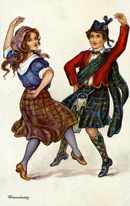 Paar tanzt in traditioneller schottischer Tracht. Chromolithographie von Florence Hardy von Florence Hardy