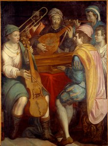 Konzert. Lautenmusiker, Spinett, Posaune und Viola da Gamba