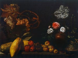 Stillleben mit Kupferkrug, Rosen, Trauben, Holunderblüten, Zitrusfrüchten und Äpfeln von Florentine School