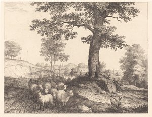 Hirte und Herde unter einem alten Baum von Florian Grospietsch