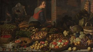 Stillleben mit Obst und Gemüse, mit Christus in Emmaus im Hintergrund von Floris Gerritsz van Schooten