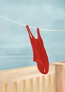 Roter Badeanzug auf dem Balkon