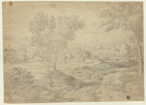 Italienische Landschaft mit Gebäuden von Follower of Nicolas Poussin