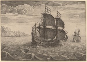 Schiff in voller Fahrt mit zwei Flaggen von Follower of Pieter Bruegel the Elder