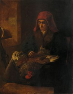 Alte Frau rupft ein Huhn von Follower of Rembrandt van Rijn