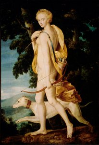 Die Göttin mit einem Bogen wird von einem Hund begleitet. Malerei der Schule von Fontainebleau. 16. Jahrhundert von Fontainebleau School