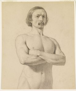 Männlicher Akt - Akademische Aktstudie, Halbfigur mit Schnurrbart und verschränkten Armen von Ford Madox Brown