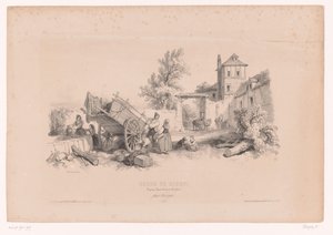 Bauernhof mit Brunnen, Heuwagen und verschiedenen Figuren von Fortuné Ferogio