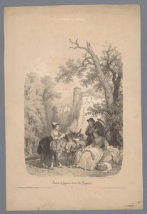 Gesellschaft mit einem Esel vor einem italienischen Bergdorf von Fortuné Ferogio