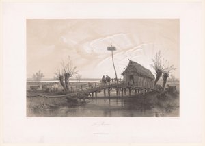 Moorlandschaft mit Kühen und Figuren bei einem Haus mit Brücke