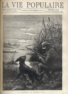 Ein Vogelfänger beobachtet in einem Sumpf mit seinem Hund. Illustration von F. Meaulle für „Hopefully!“ von Alphonse Daudet (1840-1897). Gravur von 1890 in „La vie populaire“. Private Sammlung