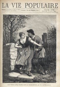 Ein Bauernpaar, der Mann in einer Bluse und Hufen, springt die junge Frau an, die ihn mit einem Lächeln und Licht zurückstößt. Illustration von E. Bertin für Les vingt-cinq francs de la supérieure von Guy de Maupassant (1850-1893). Gravur von Fortune Meaul
