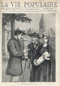Eine Krankenschwester hält ein neugeborenes Kind, begleitet von ihrem Vater, einem alten Bauern mit entschlossenem Blick, trifft auf einen Mann aus dem Bürgertum, der sorgfältig ein Papier liest, auf dem Platz eines Provinzdorfes. Illustration von Rene Sch