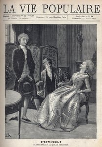 Ein hübscher blonder junger Mann, sieht schlecht aus, nachdem er seinen Antrag gemacht hat, sieht das Mädchen lachend auf ihrem Stuhl umkippen, unter den erstaunten Augen ihres Vaters. Illustration für Puyjoli von Jules Claretie (1840-1913). Gravur von For von Fortune Louis Meaulle