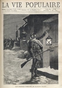 Ein Soldat, der seine gesamte Ausrüstung trägt, ein Bajonettgewehr und eine Laterne vor der geschlossenen Tür eines Stadthauses schwenkt. Hinter ihm, in der Nähe des Eisernen Kreuzes, kommt der Rest der Truppe, um sich ihm anzuschließen. Illustration von M