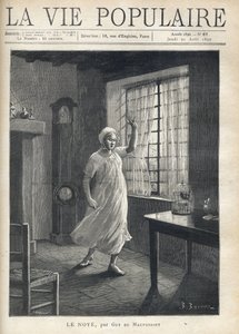 Eine Frau im Nachthemd und mit Nachthaube, mit einem Gesicht voller Angst, traurigen Augen und erhobener Hand, steht barfuß vor dem Fenster ihres Hauses, durch das man die Masten der Boote sieht. Innen eine Uhr, ein Vogelkäfig und wenig Möbel. Illustration von Fortune Louis Meaulle