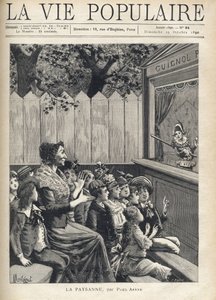 Eine Frau inmitten einer Gruppe von Kindern applaudiert einem Puppenspiel (Guignol). Illustration von Fortune Meaulle durch Montegut für „Der Bauer“ von Paul Arene (1843-1896). Gravur in „La vie populaire“