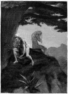 Adam und Eva. Zeichnung von Meaulle, die das Gedicht von Victor Hugo „Les misheureux“ illustriert, in der Sammlung „Les contemplations“, Ausgabe Paul Ollendorff, Anfang 20. Jahrhundert.