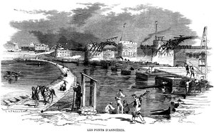 Nach dem Brand der Brücke von Asnieres während der Belagerung von Paris im Jahr 1870 wurde eine Bootsbrücke installiert - auf dieser Gravur von Meaulle (ca. 1870) eine weitere Holzstruktur neben der zerstörten Brücke - Kommune von Paris - von Fortune Louis Meaulle