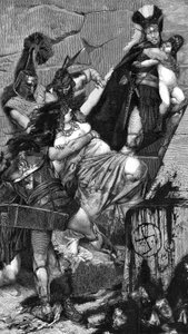 Andromaque: Detail einer Gravur (1883) von Meaulle nach einem Gemälde von Georges Antoine Rochegrosse (1859-1938). In den Händen der griechischen Soldaten versucht Andromaque, seinen Sohn Astyanax zu halten, der von einem thrakischen Hopliten weggetragen w