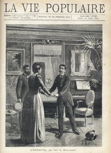 In einem bürgerlichen Wohnzimmer eilt ein Mann zur Hausherrin und ergreift ihre Hände, wobei er seinen Hut auf den Boden fallen lässt, unter dem erstaunten Blick eines anderen Mannes. Illustration von Bernard Borione von Fortune Louis Meaulle