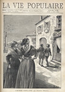 In den Straßen eines Dorfes in der Provence drehen sich zwei hübsche Frauen in provenzalischen Kleidern um, um einem Mann zu begegnen, der sich selbstbewusst ihren Blicken zuwendet. Illustration von Montegut für Der populäre Mann von Frédéric Mistral (1830
