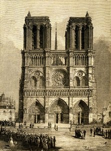 Notre Dame de Paris (Notre-Dame) im Jahr 1482: Westfassade und Vorplatz. Stich von F. Meaulle, basierend auf einer Zeichnung von Viollet-le-Duc zur Illustration des gleichnamigen Romans von Victor Hugo, Ausgabe Ollendorff Anfang des 20. Jahrhunderts. von Fortune Louis Meaulle