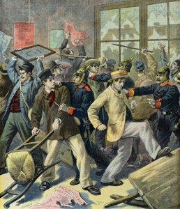 Rebellion der Wehrpflichtigen aus Elsass-Lothringen in deutschen Bahnhöfen (Gravur) von Fortune Louis Meaulle
