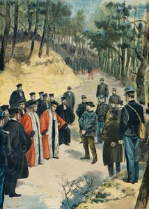Rekonstruktion des Mordes an einem Apotheker in Limours im Jahr 1897 (Gravur) von Fortune Louis Meaulle