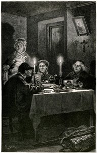 Victor Hugo „Les Misérables“ Illustration von Lix, graviert von Méaulle: der Sträfling und der Bischof. Jean Valjean, dem Bischof Myriel das Krankenhaus angeboten hat, wird seinen letzten Diebstahl begehen: das Silberbesteck seines Gastgebers. Auf dem Tisc