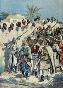 Gefangene marokkanische Aufständische passieren die abgetrennten Köpfe ihrer Kameraden im Jahr 1897 (Gravur) von Fortune Louis Meaulle