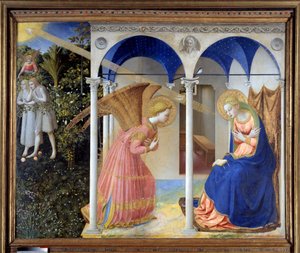 Die Verkündigung (im Hintergrund, Adam und Eva aus dem Paradies vertrieben), ca. 1445 von Fra (c.1387 1455) Angelico