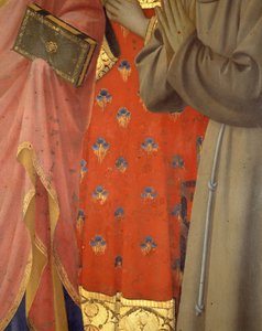 Detail des Annalena-Retabels. Tunika und Gewand von St. Johannes dem Evangelisten, St. Laurentius und St. Franziskus (Tempera auf Holz)