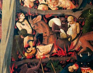 Hölle mit Dämonen, die Gierige bestrafen (Detail vom Jüngsten Gericht)