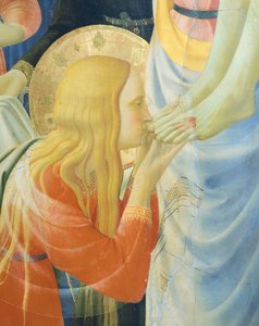 Maria Magdalena küsst Jesu Füße, Detail aus der Kreuzabnahme oder dem Altarbild der Heiligen Dreifaltigkeit, um 1432, von Giovanni da Fiesole, bekannt als Fra Angelico (1400-ca. 1455) von Fra (c.1387 1455) Angelico
