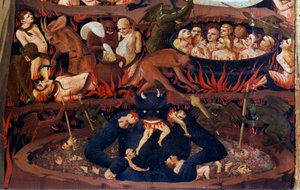 Das Jüngste Gericht: Detail der Unterwelt. Verdammte in den Höllenkreisen, Folterungen durch Dämonen. Detail einer Temperamalerei auf Holz