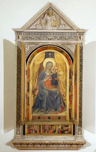 Das Linaiuoli-Triptychon (mit offenen Flügeln): Die Jungfrau und das Kind auf dem Thron mit St. Johannes dem Täufer und St. Markus