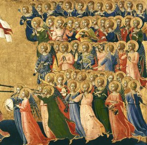 Christus verherrlicht im Himmelshof, Detail von musizierenden Engeln von der rechten Seite, 1419-35 (Detail)