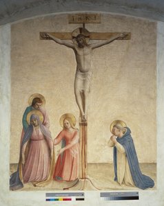 Kreuzigung mit der Jungfrau Maria und dem heiligen Dominikus. Inschrift "INRI" am Kreuz