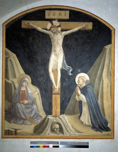 Kreuzigung mit der Jungfrau Maria und dem heiligen Dominikus. Inschrift "INRI" am Kreuz, 1442 von Fra Angelico